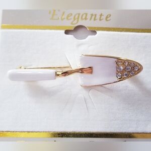 Vintage White Enamel & Crystal Gardening Spade Brooch
